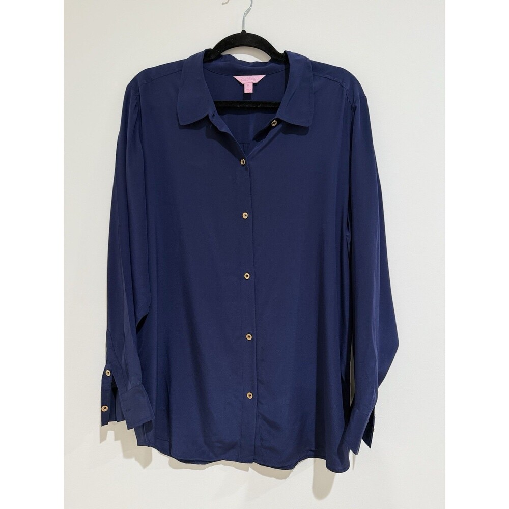 Lilly Pulitzer Navy Blue Long Sleeve Button Up Blouse Xl Gold Buttons